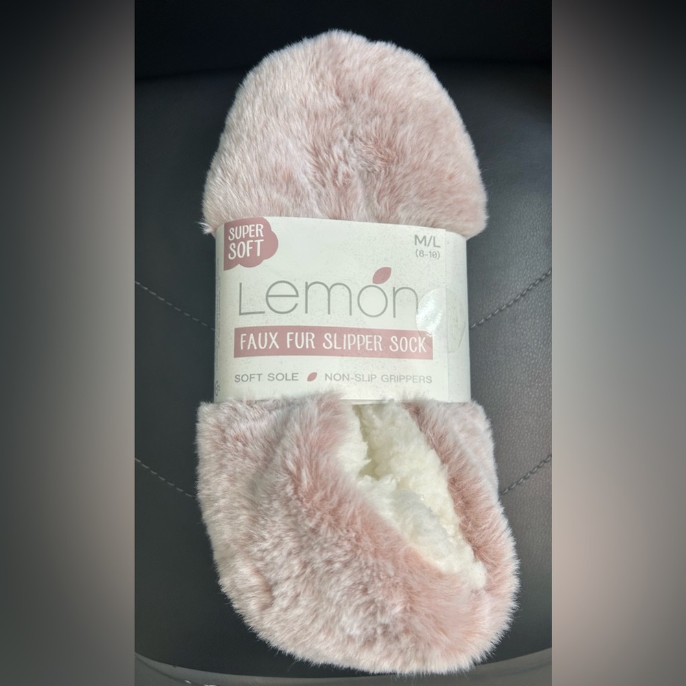 Lemon Pink and White Faux Fur Slipper Socks